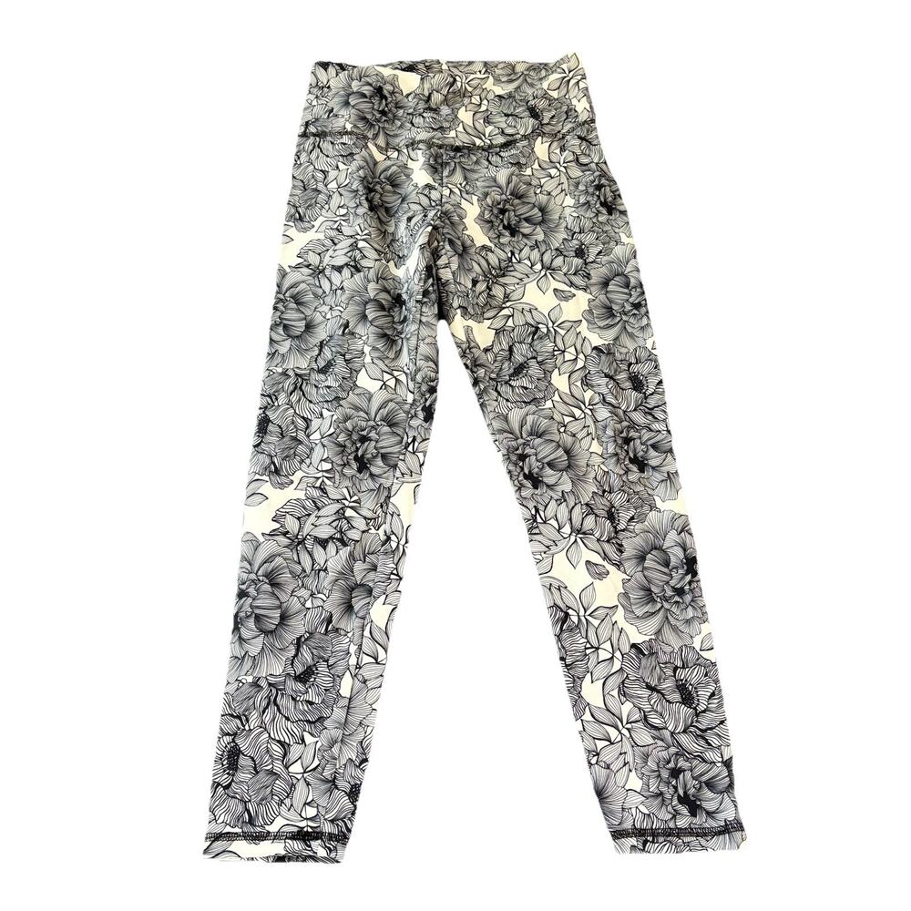 Balance Collection Ankle Leggings White with Black Floral Size Large Inseam 25"